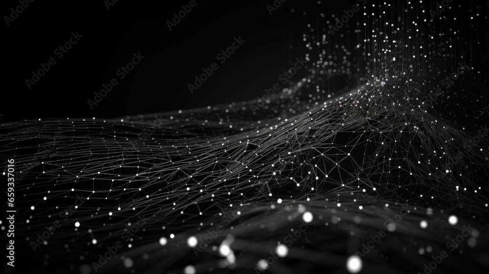 Aufkleber Data stream. Big data 3D illustration. Neural network and cloud technologies. Global database and artificial intelligence. Bright, black and white background with bokeh effect