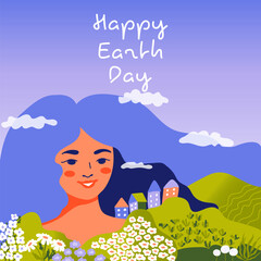 Obraz na płótnie Canvas Happy Earth Day. Mother earth with forest, hills, blooming flowers and houses, clouds. Concept of ecology and environmental protection. Vector illustration