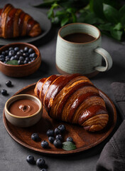 Freshly baked chocolate croissants with blueberries on a wooden plate on a dark background with a cup of black coffee close up. The concept of a delicious homemade breakfast