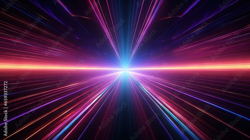 Poster sci fy neon glowing lines in a dark tunnel. reflections on the floor and ceiling. empty background i