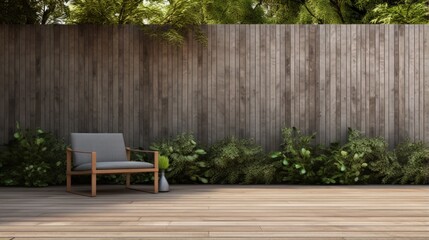Minimal style wooden terrace with green lawn 3d render,There are empty wood plank wall,decorate with modern gray chair.