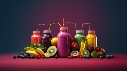 Healthy lifestyle concept. sport fitness equipment-several bottles with fruit and berry juices smoothies and milkshakes , jumping rope - Powered by Adobe