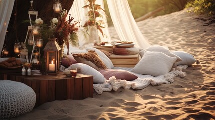 Luxuary setup picnic in Boho style on a beach, park. Bachelorette party, birthday celebration outdoors, wedding.