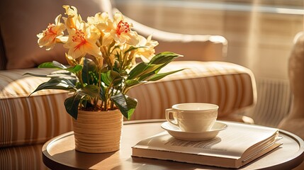 Selective focus on tray with open book, plant in vase and other home decor on coffee table, against classic armchair in art deco style. Element of modern interior in bright living room