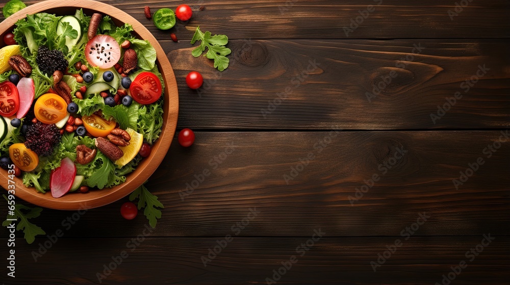 Poster fresh salad with fruits and greens on vintage wooden background top view with space for text.