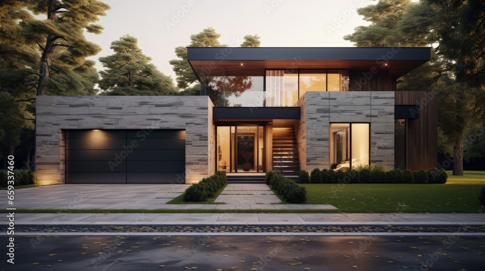 Poster cozy and modern house with garage and cobblestone driveway. modern architecture.