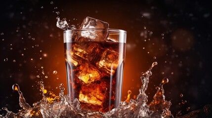 macro cola drink glass,Soft drink glass with ice splash on cool smoke background. Cola glass with summer refreshment. - obrazy, fototapety, plakaty