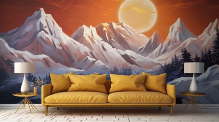 Gardinen 3d modern canvas art mural wallpaper landscape moon, golden christmas trees, colorful mountains © HN Works