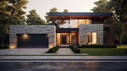 Cozy and modern house with garage and cobblestone driveway. Modern architecture.