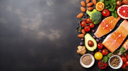 Obraz na płótnie Canvas Assorted food for brain health and good memory: fresh salmon, vegetables, nuts, berries on stone background. Healthy fresh products to boost brain power, top view