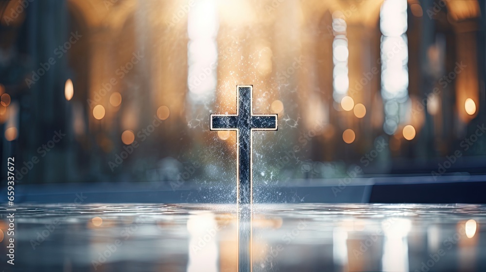 Aufkleber abstract christian cross in church on clean background and bokeh.