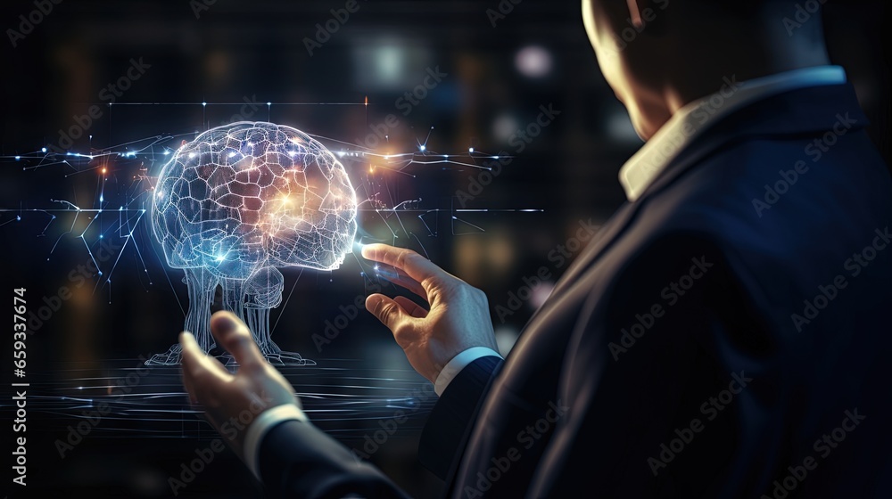 Aufkleber AI Technology. Businessman touch brain working data and Algorithm of Artificial Intelligence in the future business and coding software development synchronize network connection, Data science.