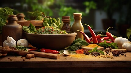 Panorama banner with fresh culinary herbs and spices on a chopping board with a pestle and mortar surrounded by fresh vegetables for salads
