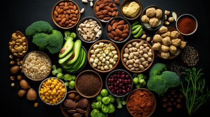 Top view of alternative sources of plant proteins for Vegan, Plant-based, Vegetarian diet such as tofu, nuts, tempeh, nutritional yeast etc. Which higher in fiber and less fat than animal protein.