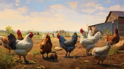 Schilderijen op glas group of chickens on the farm © HN Works