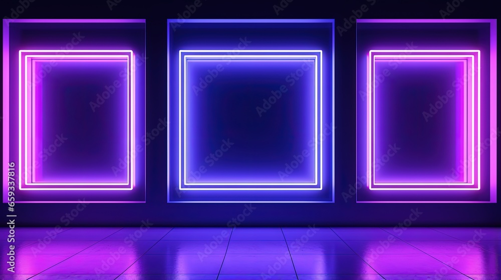 Aufkleber 3d render, abstract panoramic background with neon lines glowing in ultraviolet spectrum. Empty virtual room, square frame