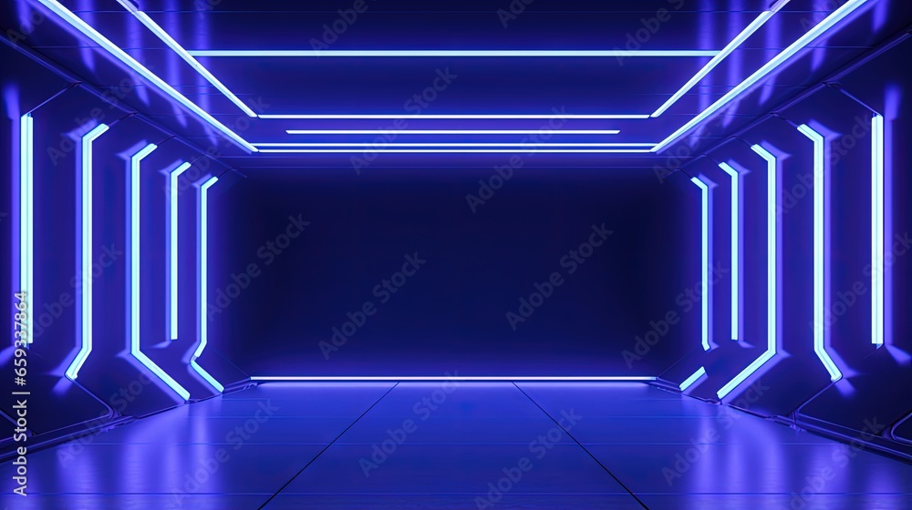 Aufkleber 3d render, abstract panoramic background with neon lines glowing in ultraviolet spectrum. Empty virtual room, square frame