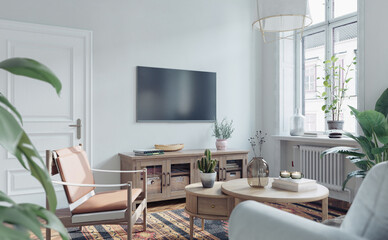 Scandinavian interior design of the living room with windows, white walls, hardwood flooring, cozy furniture and beautiful decor, 3d rendering