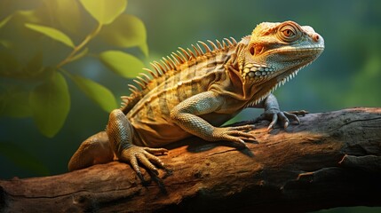 Naklejka premium Oriental Garden Lizard on a branch, basking in the sun. This reptile with intricate scales is often found in Southeast Asia and makes for a great nature shot.