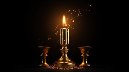 Financial analysis and trading success as a golden candlestick shines against a captivating black background, guiding you towards profitable ventures. 3d render illustration. - obrazy, fototapety, plakaty