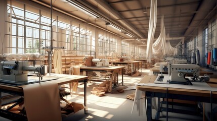 Interior of garment factory . Closes making atelier with several sewing machines. Tailoring industry, fashion designer workshop, industry concept - obrazy, fototapety, plakaty