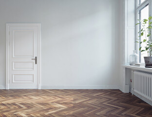 Empty living room interior design with windows, white walls and hardwood flooring, 3d rendering