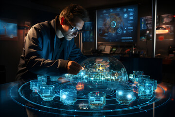 A man is engaged in software, web development, programming concept. Technological development process and program code on a 3D screen