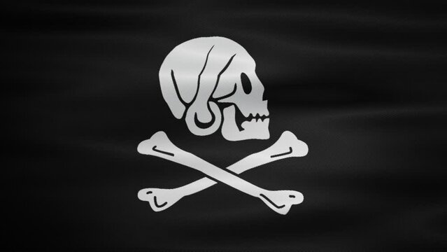 Animated waving black skull and crossbones pirate flag. Pirate, ocean, sailboat.