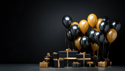 Fototapeta na wymiar Black and gold Balloons Bunch with gift boxes