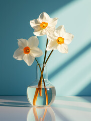 Narcisus flowers in glass transparent vase. Floral composition or daffodils on white background.
