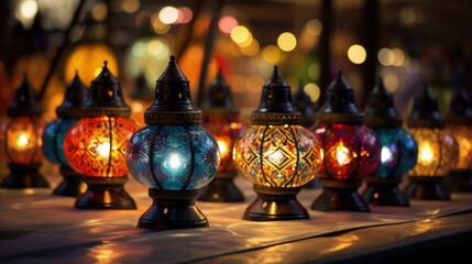 Traditional arabic lamps for sale at the night arabic market. - obrazy, fototapety, plakaty