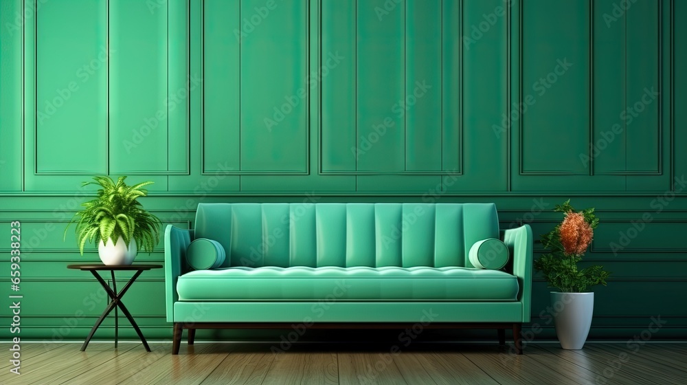 Aufkleber green sofa with table on green wall and wooden flooring.3d rendering