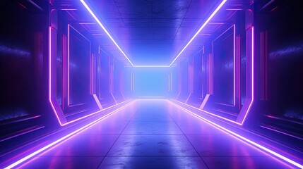 Flying in an abstract blue and purple futuristic interior. Corridor with neon luminous fluorescent lamps turned on. Futuristic architecture background. Concrete wall. 3d illustration
