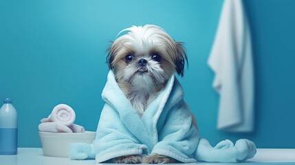 Shih tzu dog after washing. With bathrobe, towels and comb. Soft blue background tint. - obrazy, fototapety, plakaty
