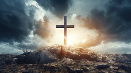 Cross against the sky . Dramatic nature background . Light from sky . Religion background .