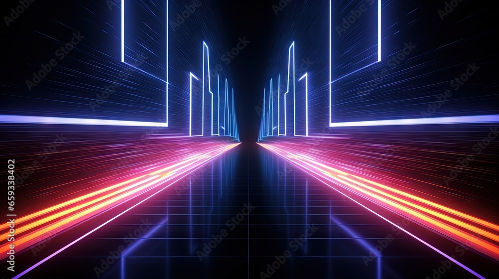 Poster sci fy neon glowing lines in a dark tunnel. reflections on the floor and ceiling. empty background i
