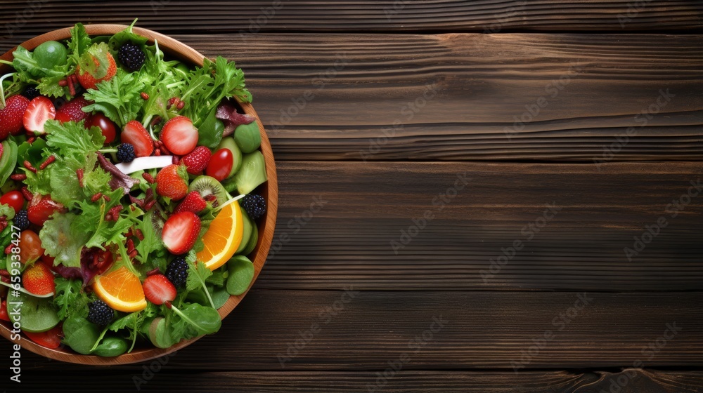 Poster fresh salad with fruits and greens on vintage wooden background top view with space for text.