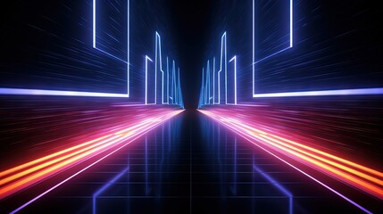 Sci Fy neon glowing lines in a dark tunnel. Reflections on the floor and ceiling. Empty background in the center. 3d rendering image. Abstract glowing lines. Techology futuristic background.