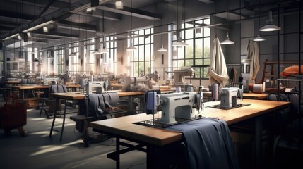 Interior of garment factory . Closes making atelier with several sewing machines. Tailoring industry, fashion designer workshop, industry concept