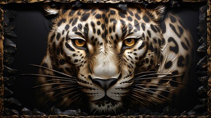 3D print design for interior, wall, wallpaper, canvas. 3d gold leopard on black beautiful texture background. Beautiful animal leopard oil canvas frame painting. Oil texture canvas. Golden texture.