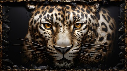 3D print design for interior, wall, wallpaper, canvas. 3d gold leopard on black beautiful texture background. Beautiful animal leopard oil canvas frame painting. Oil texture canvas. Golden texture.