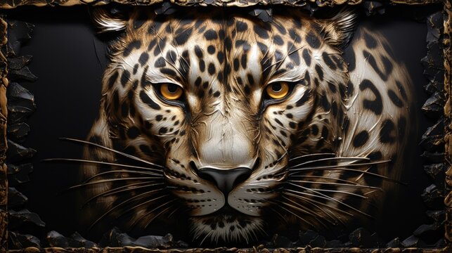 3D print design for interior, wall, wallpaper, canvas. 3d gold leopard on black beautiful texture background. Beautiful animal leopard oil canvas frame painting. Oil texture canvas. Golden texture.