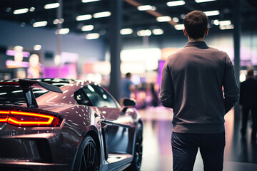 Customer in luxury car dealership looking for unique sports car.  Man buying expensive car in showroom.
