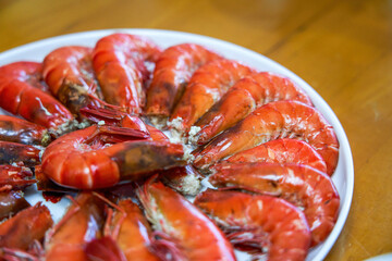 A plate of fresh and delicious boiled prawns