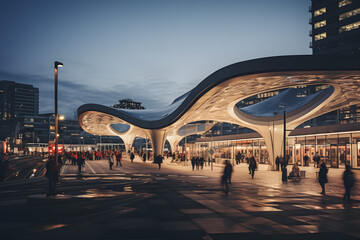 Public Transit Hub. Interchange Station with Buses, Trains, and Trams - obrazy, fototapety, plakaty