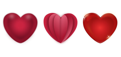 Set of valentines hearts isolated on white background. Valentines heart collection, matte glass heart, paper heart, crystal heart 
