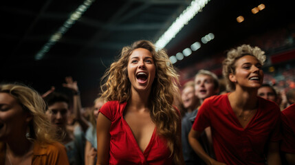 Fototapeta premium Portrait of happy woman fan in red screaming while in sport stadium.