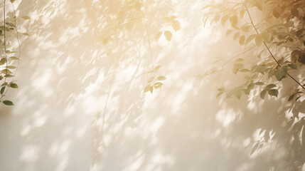 ライトベージュの壁にきれいな木漏れ日の光と葉