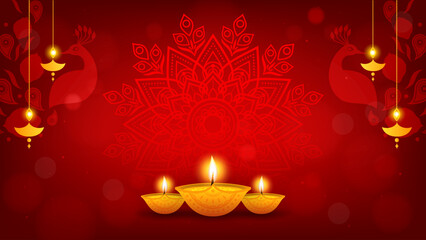 Beautiful Diwali background vector illustration. Diya oil lamp with peacock frame on red Indian pattern background