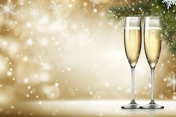 
Bright Christmas background for festive greetings with glasses of champagne. Shiny blurred background.